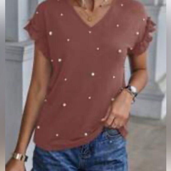 SHEIN NEW WOMENS PEARLS BEADED BATWING SLEEVES TEE SHIRT REDWOOD COLIR LARGE - Picture 1 of 6